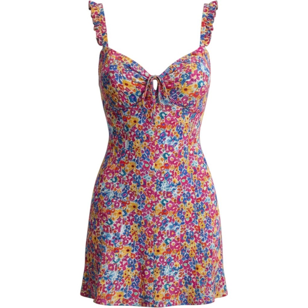 For Love & Lemons XS Floral Mini Dress Sweetheart Tie Front Colorful Cottagecore